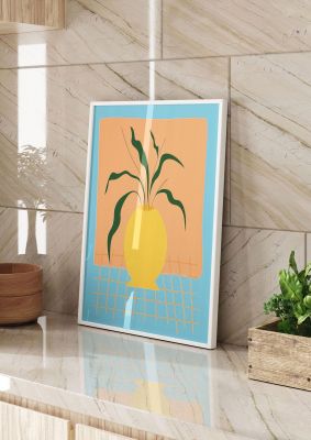 An unframed print of crude collage illustration plant vase graphical in orange and yellow accent colour
