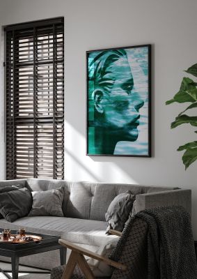 An unframed print of ocean face graphical illustration in green and white accent colour