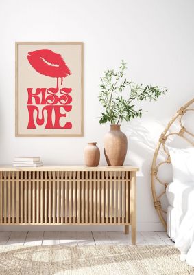 An unframed print of kiss me in pink graphical illustration in red and beige accent colour