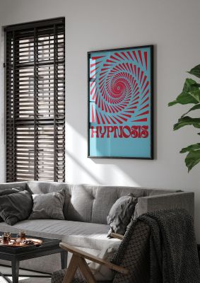 An unframed print of graphic lofi hypnosis pattern graphical illustration in blue and red accent colour