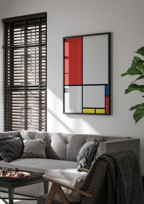 An unframed print of bauhaus inspired minimalist colour block graphical bauhaus in grey and red accent colour