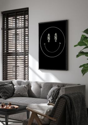 An unframed print of eyes on you acid house smiley graphical illustration in black and white accent colour
