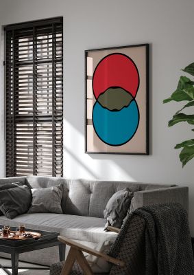 An unframed print of abstract blob shape four graphical in blue and red accent colour