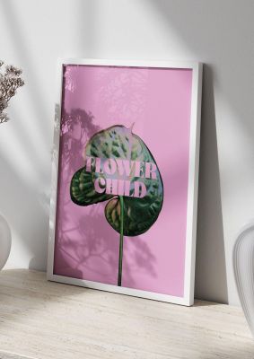 An unframed print of flower child pink leaf nature in typography in pink and green accent colour