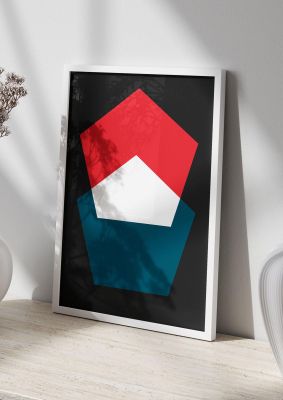 An unframed print of bold geometric graphical in blue and red accent colour
