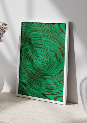 An unframed print of green trippy swirl graphical abstract in green and black accent colour