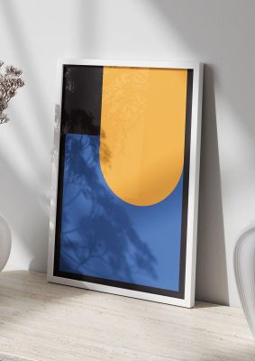 An unframed print of black abstract shapes two graphical in blue and blue accent colour