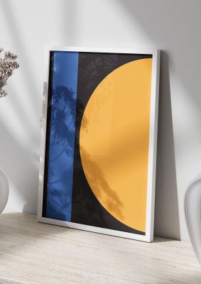 An unframed print of black abstract shapes three graphical in orange and blue accent colour