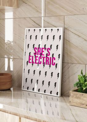 An unframed print of shes electric pattern pattern graphic in beige and black accent colour