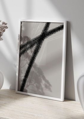An unframed print of abstract black white line graphical in grey and black accent colour