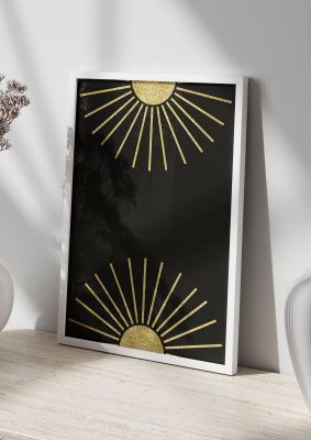 An unframed print of golden sun graphical abstract in black and gold accent colour