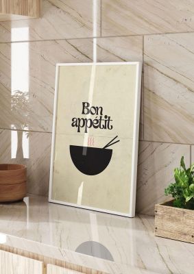 An unframed print of bon appetit distressed bowl graphical in typography in beige and black accent colour