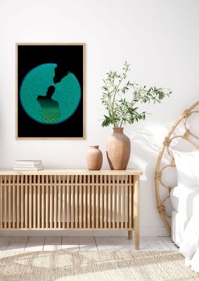 An unframed print of couple kissing lofi graphical illustration in green and black accent colour