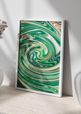 An unframed print of green swirl graphical abstract in green and multicolour accent colour