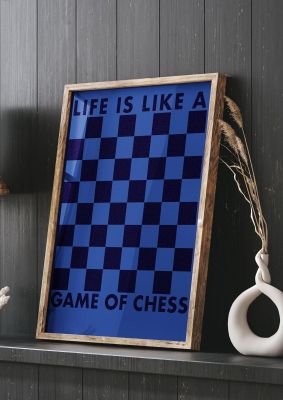 An unframed print of game of chess graphical in typography in blue and black accent colour