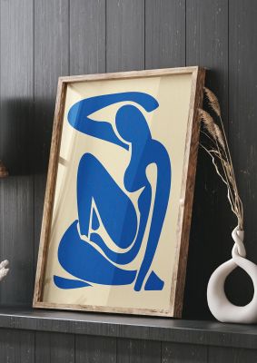 An unframed print of matisse inspired blue graphical illustration in blue and beige accent colour
