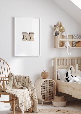 An unframed print of alphabet mix match m kids wall art in typography in beige and white accent colour