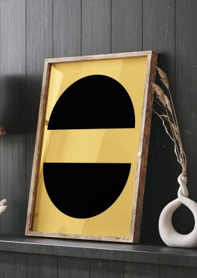 An unframed print of yellow black disc abstract three retro in black and black accent colour
