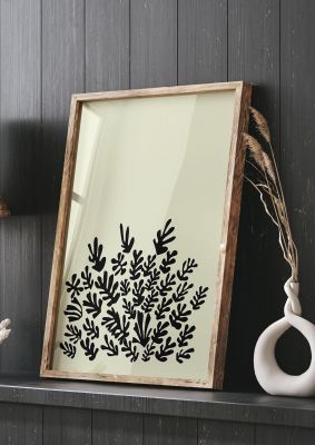 An unframed print of ecru black abstract leaf shape two graphical in beige and black accent colour