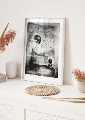 An unframed print of abstract charcoal etching retro in monochrome