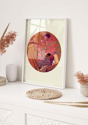 An unframed print of japanese watercolour disc one retro illustration in pink and beige accent colour