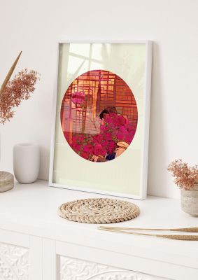 An unframed print of japanese watercolour disc three retro illustration in pink and beige accent colour