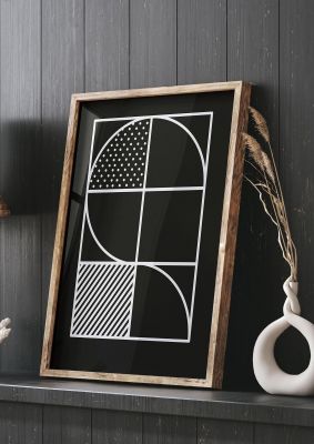 An unframed print of black white abstract shape line one graphical in monochrome