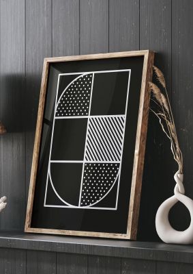An unframed print of black white abstract shape line four graphical in monochrome