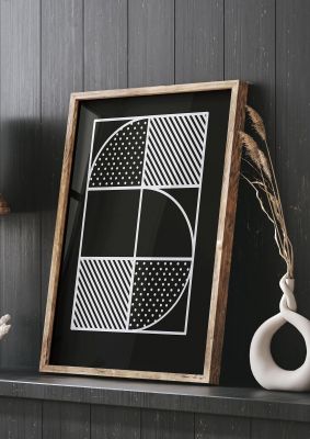 An unframed print of black white abstract shape line five graphical in monochrome