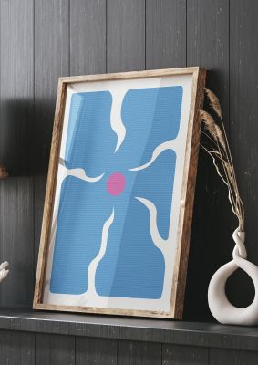 An unframed print of groovy abstract flower collage blue graphical in blue and pink accent colour