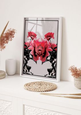 An unframed print of symmetrical flower one nature photograph in pink and black accent colour