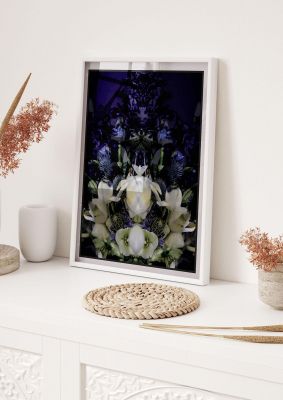 An unframed print of symmetrical flower two nature photograph in multicolour and black accent colour