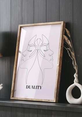 An unframed print of duality line drawing black white graphical in pink and black accent colour