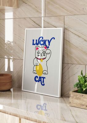 An unframed print of lucky cat cartoon retro in typography in multicolour and white accent colour