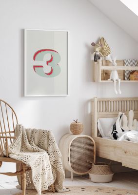 An unframed print of mix match number 3 kids wall art in typography in green and red accent colour