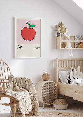 An unframed print of bold childlike fruit one apple kids wall art illustration in beige and red accent colour