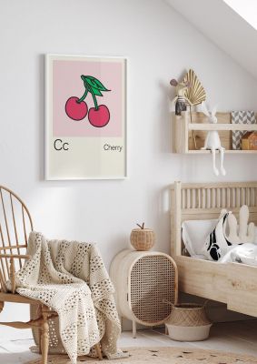 An unframed print of bold childlike fruit three cherry kids wall art illustration in beige and pink accent colour