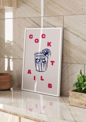 An unframed print of cocktails graphical in typography in beige and red accent colour