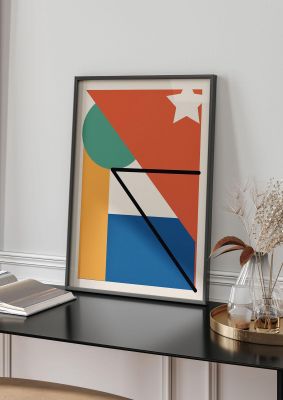 An unframed print of abstract bold shape three retro in multicolour and beige accent colour