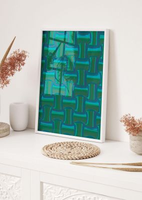 An unframed print of psychedellic trippy pattern pattern abstract in green and blue accent colour