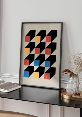 An unframed print of bauhaus inspired block colour one retro in multicolour and beige accent colour
