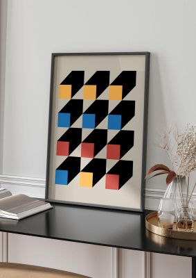 An unframed print of bauhaus inspired block colour two retro in multicolour and beige accent colour