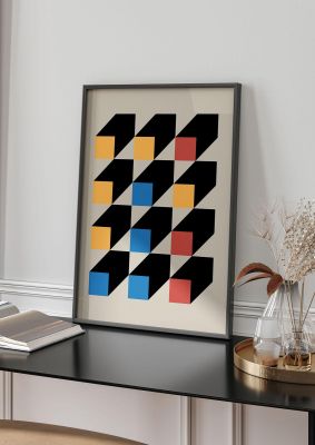An unframed print of bauhaus inspired block colour three retro in multicolour and beige accent colour