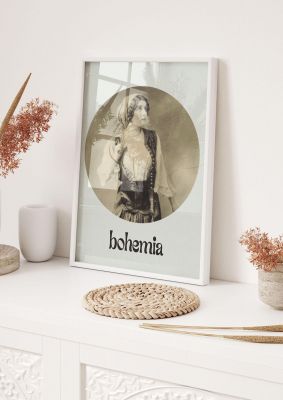 An unframed print of bohemia vintage graphical photograph in beige and black accent colour