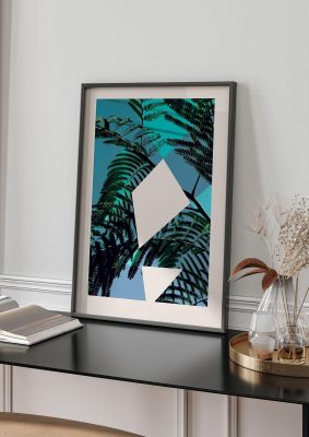 An unframed print of graphic puzzle palm blue one graphical illustration in green and blue accent colour