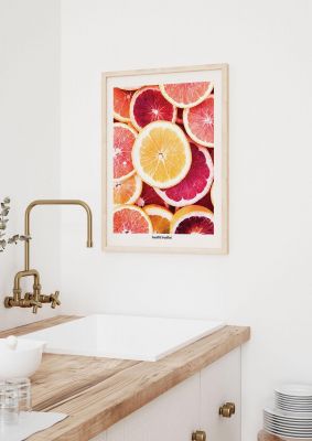 An unframed print of beautiful breakfast citrust graphical photograph in beige and pink accent colour
