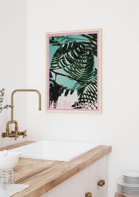 An unframed print of lets get tropical botanical photograph in green and pink accent colour