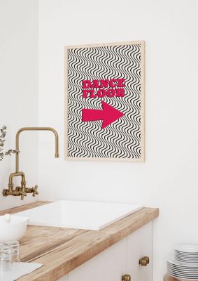 An unframed print of dance floor this way graphical illustration in pink and black and white accent colour