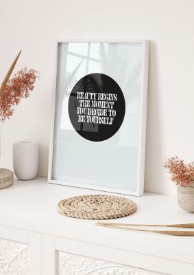 An unframed print of beauty begins halftone quote in typography in black and grey accent colour