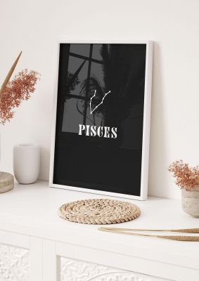 An unframed print of minimalist horoscope star sign series pisces graphical in black and white accent colour